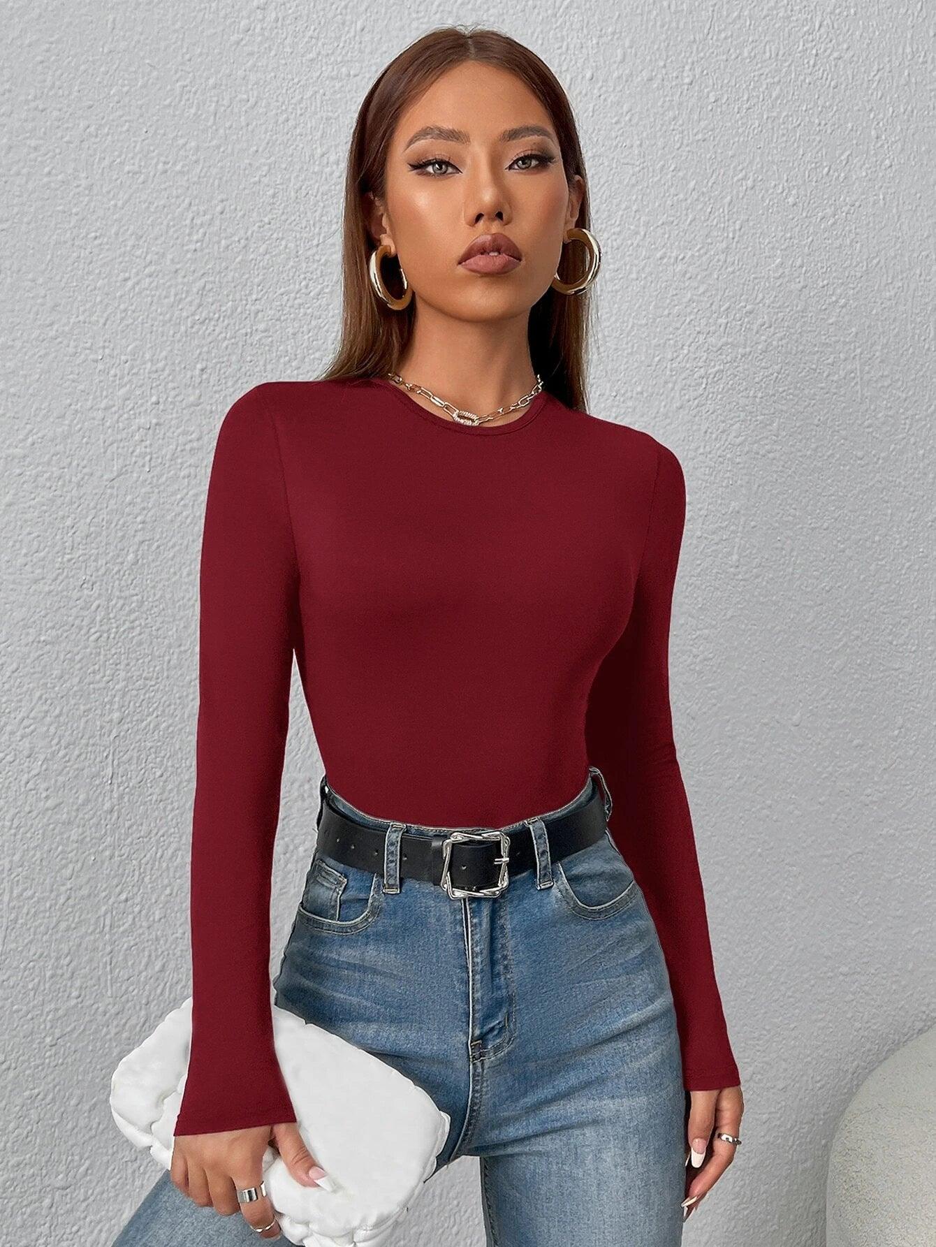 Round Neck Slim Fit Bodysuit-Comfy Jumpsuits