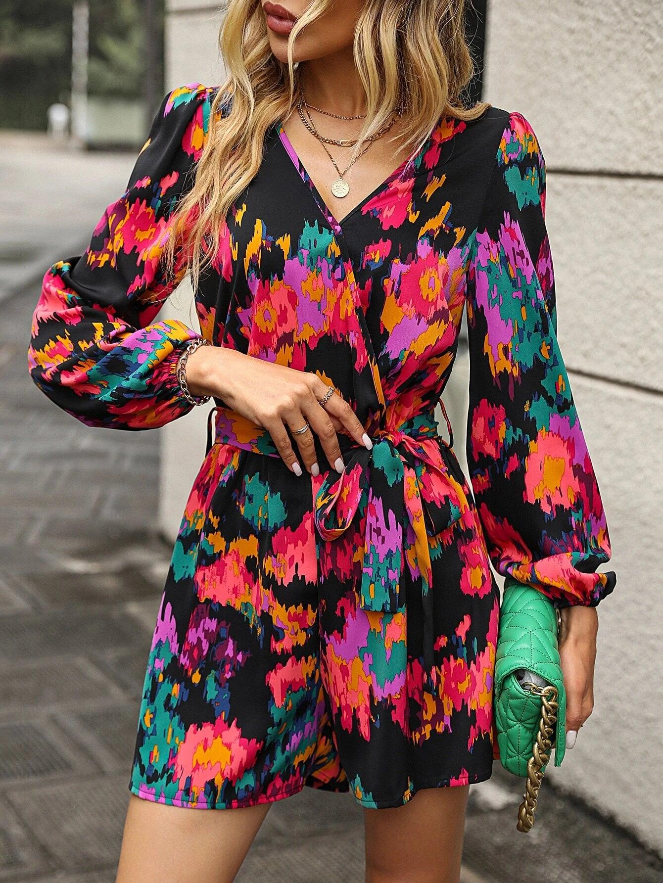 Allover Print Lantern Sleeve Belted Jumpsuit-Comfy Jumpsuits