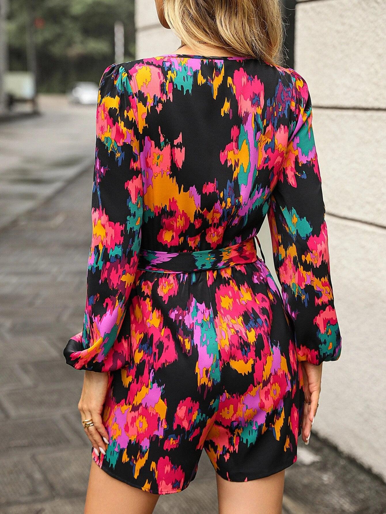 Allover Print Lantern Sleeve Belted Jumpsuit-Comfy Jumpsuits