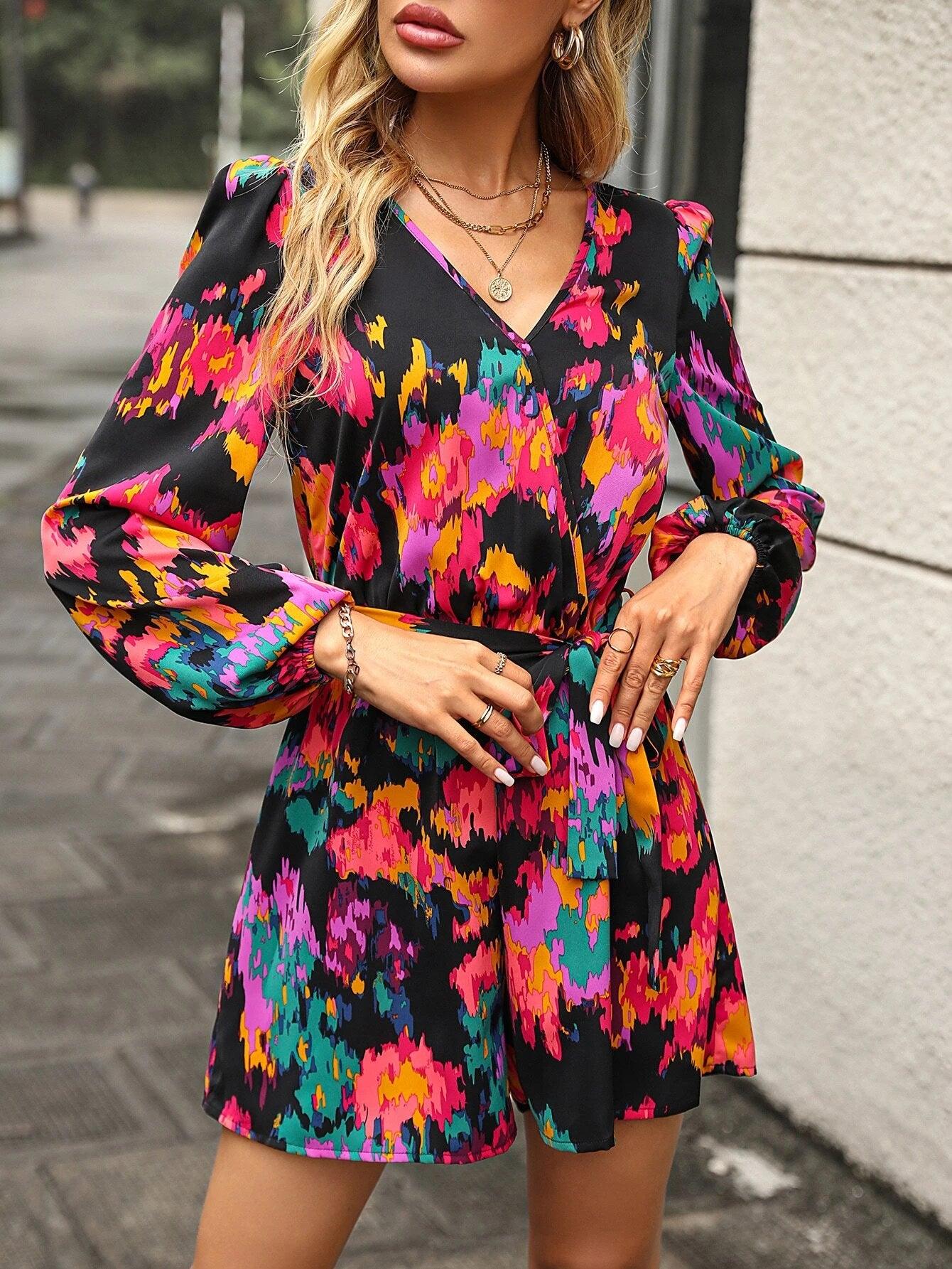 Allover Print Lantern Sleeve Belted Jumpsuit-Comfy Jumpsuits