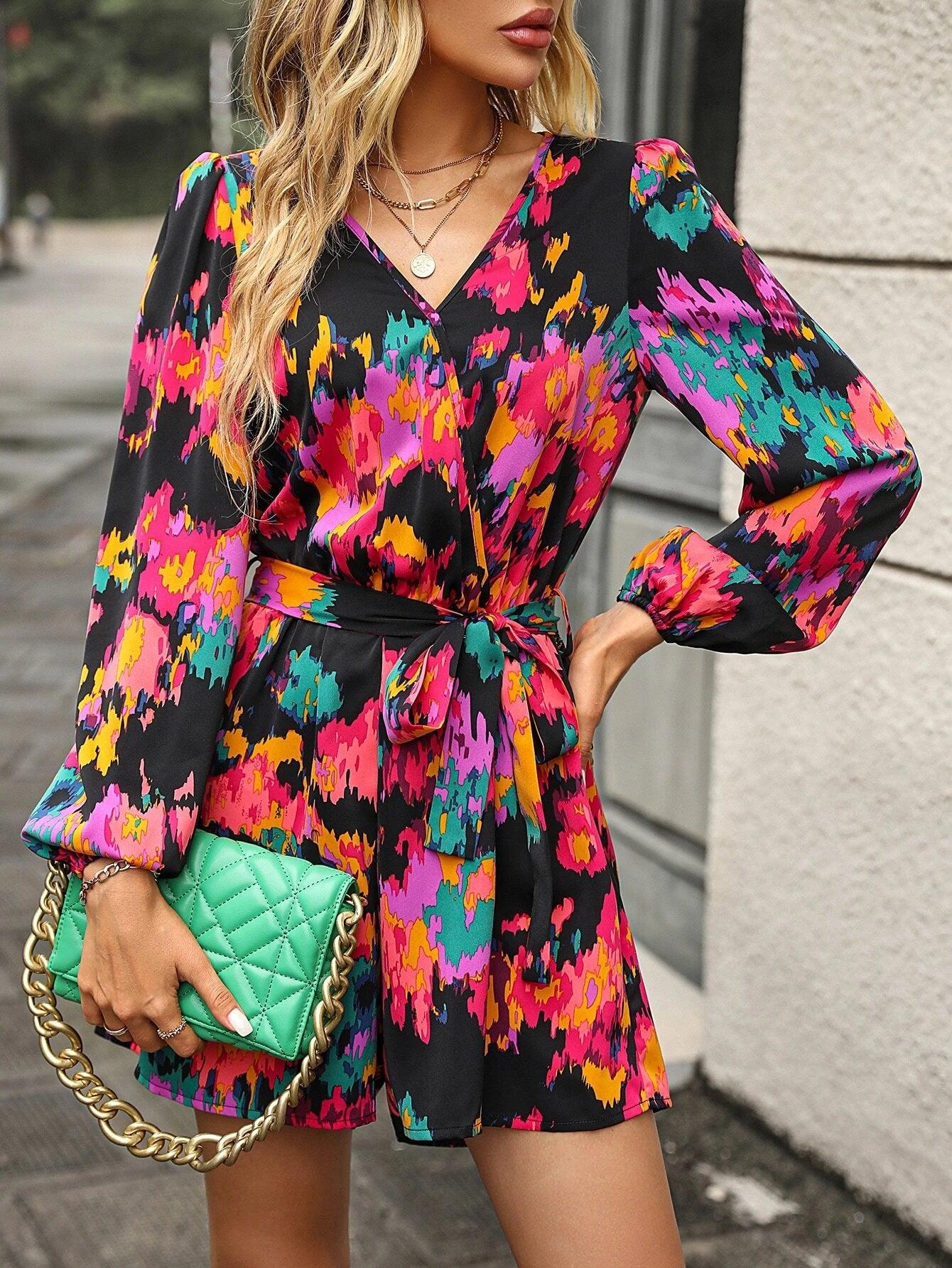 Allover Print Lantern Sleeve Belted Jumpsuit-Comfy Jumpsuits