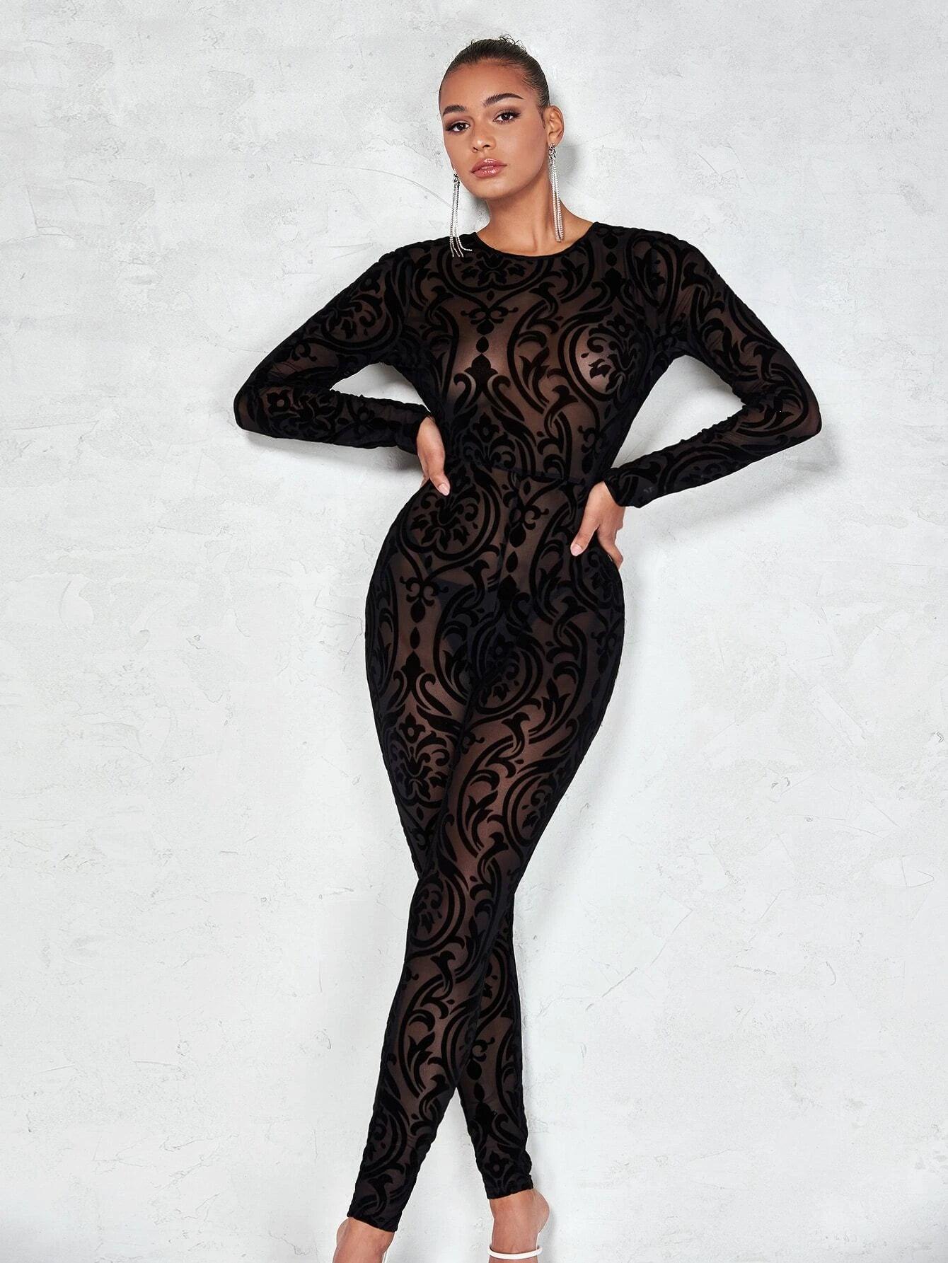 Damask Print Mesh Unitard Jumpsuit-Comfy Jumpsuits