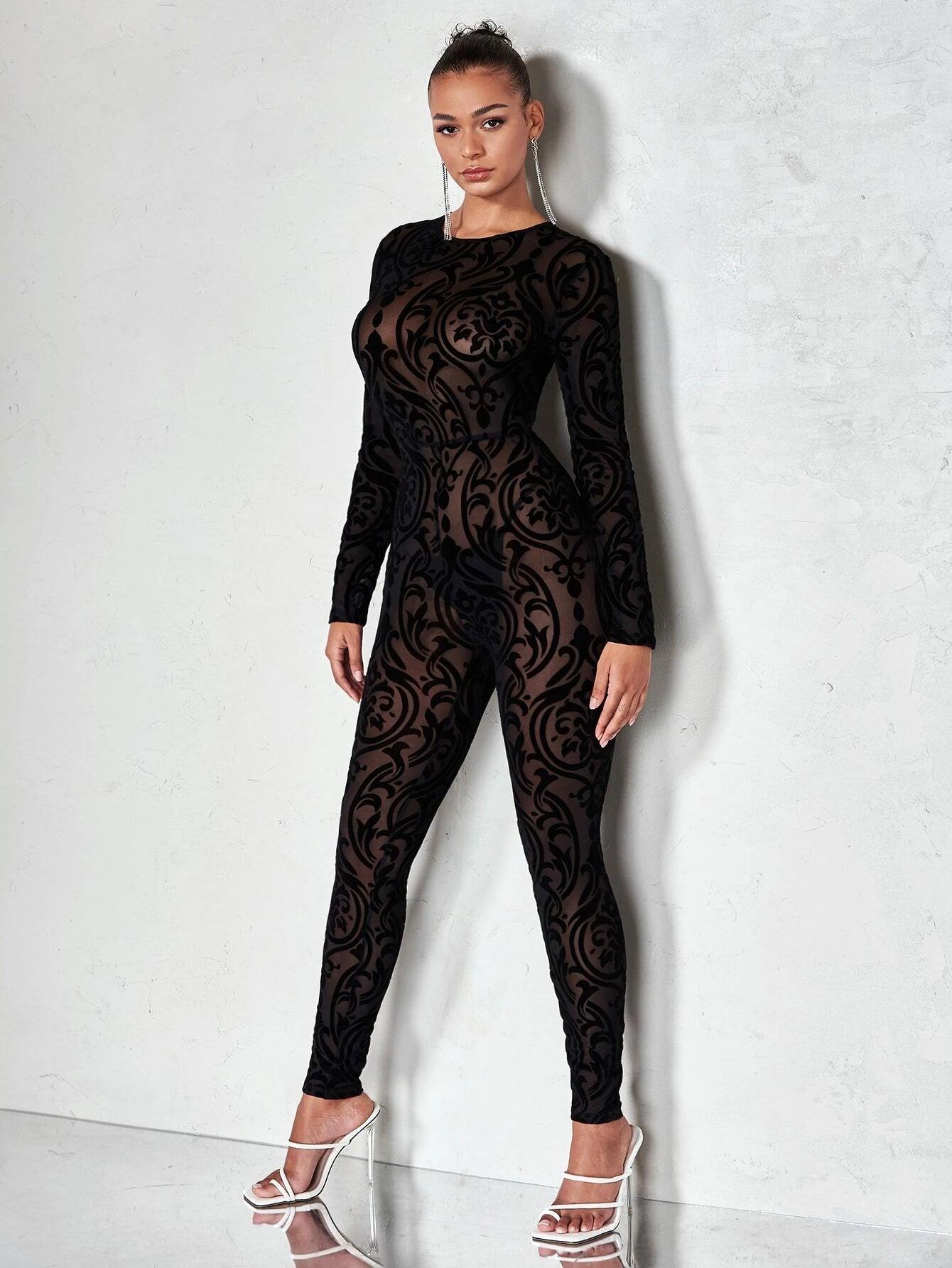 Damask Print Mesh Unitard Jumpsuit-Comfy Jumpsuits