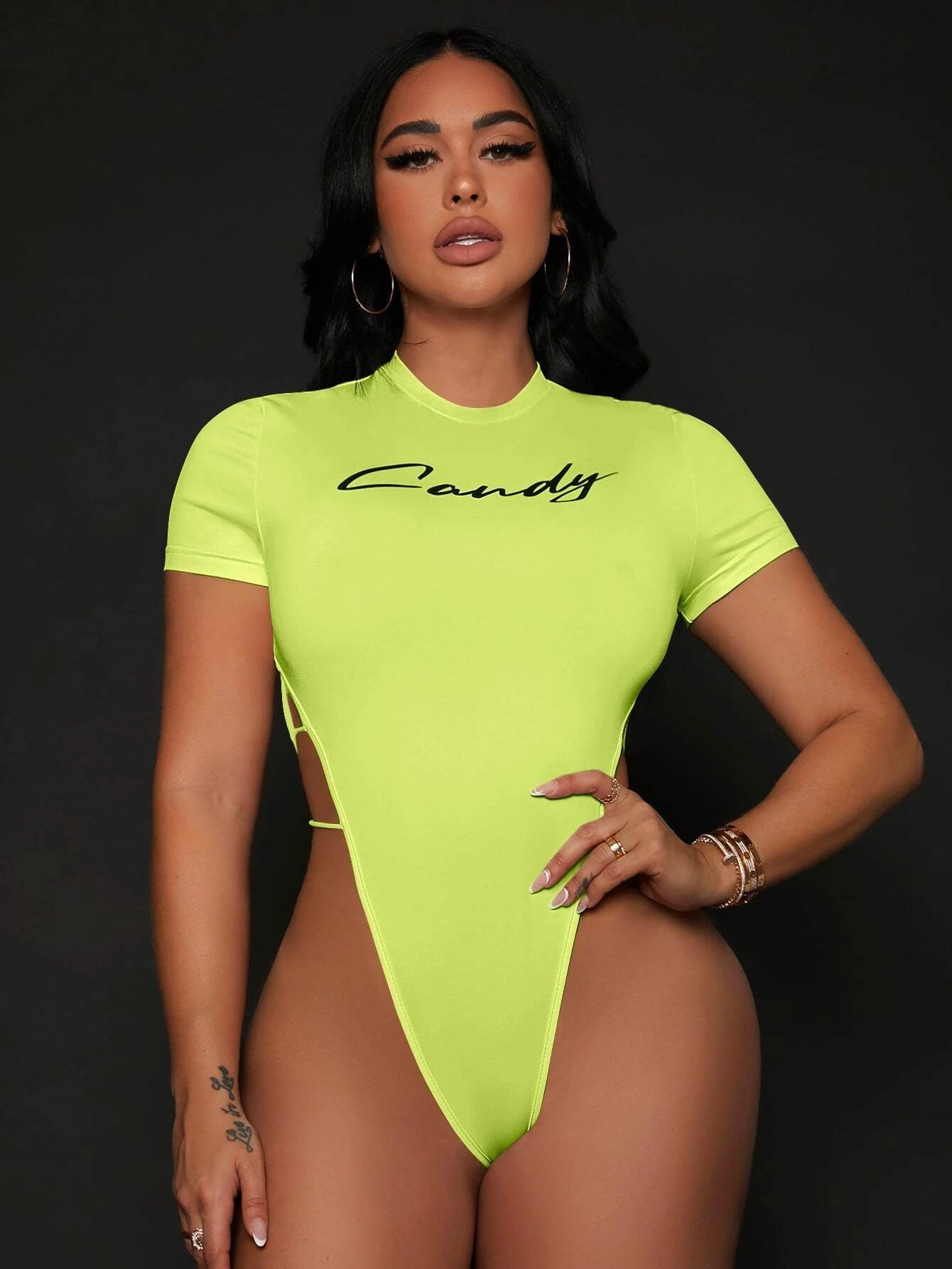 High Cut Out Side Mock Neck Tee Bodysuit-Comfy Jumpsuits