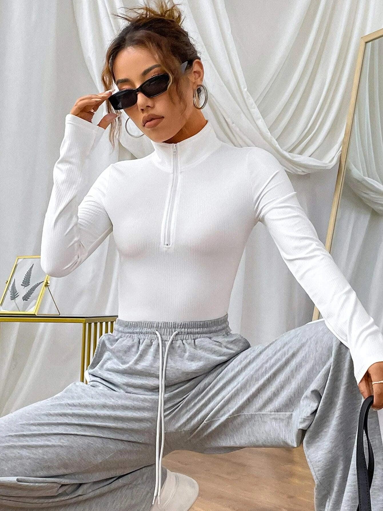 Half Zipper Long Sleeve Bodysuit-Comfy Jumpsuits