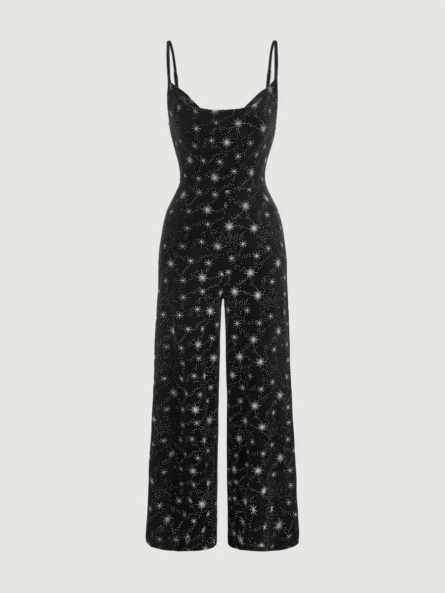Star Print Draped Collar Cami Jumpsuit-Comfy Jumpsuits