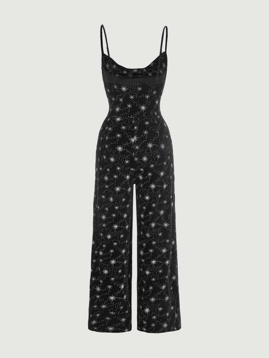 Star Print Draped Collar Cami Jumpsuit-Comfy Jumpsuits