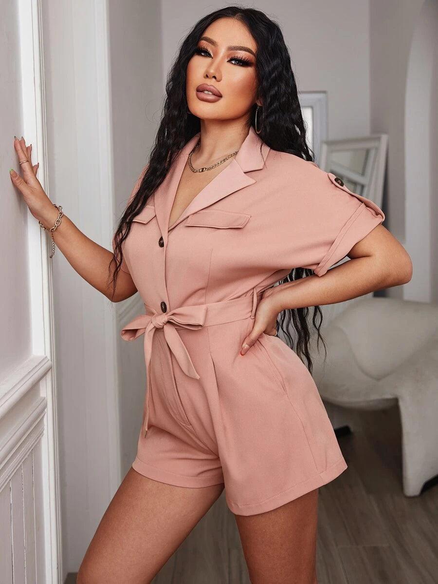 Batwing Sleeve Plain Belted Shirt Romper-Comfy Jumpsuits