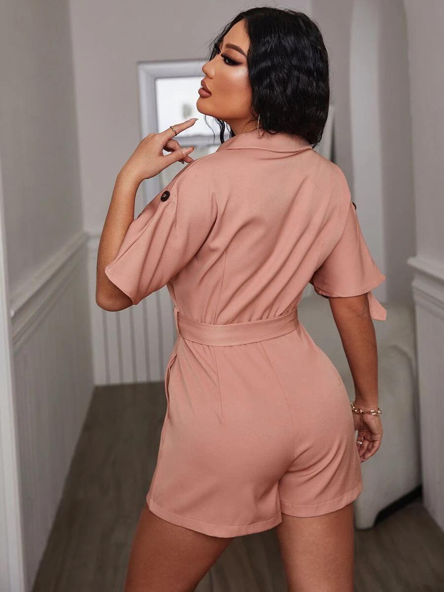 Batwing Sleeve Plain Belted Shirt Romper-Comfy Jumpsuits