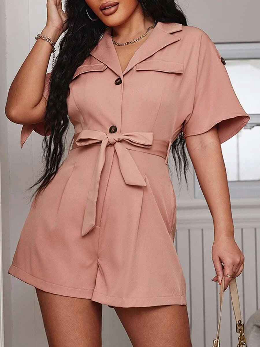 Batwing Sleeve Plain Belted Shirt Romper-Comfy Jumpsuits