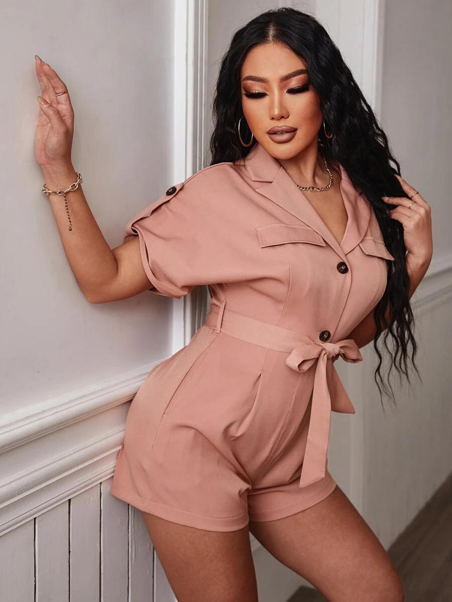 Batwing Sleeve Plain Belted Shirt Romper-Comfy Jumpsuits