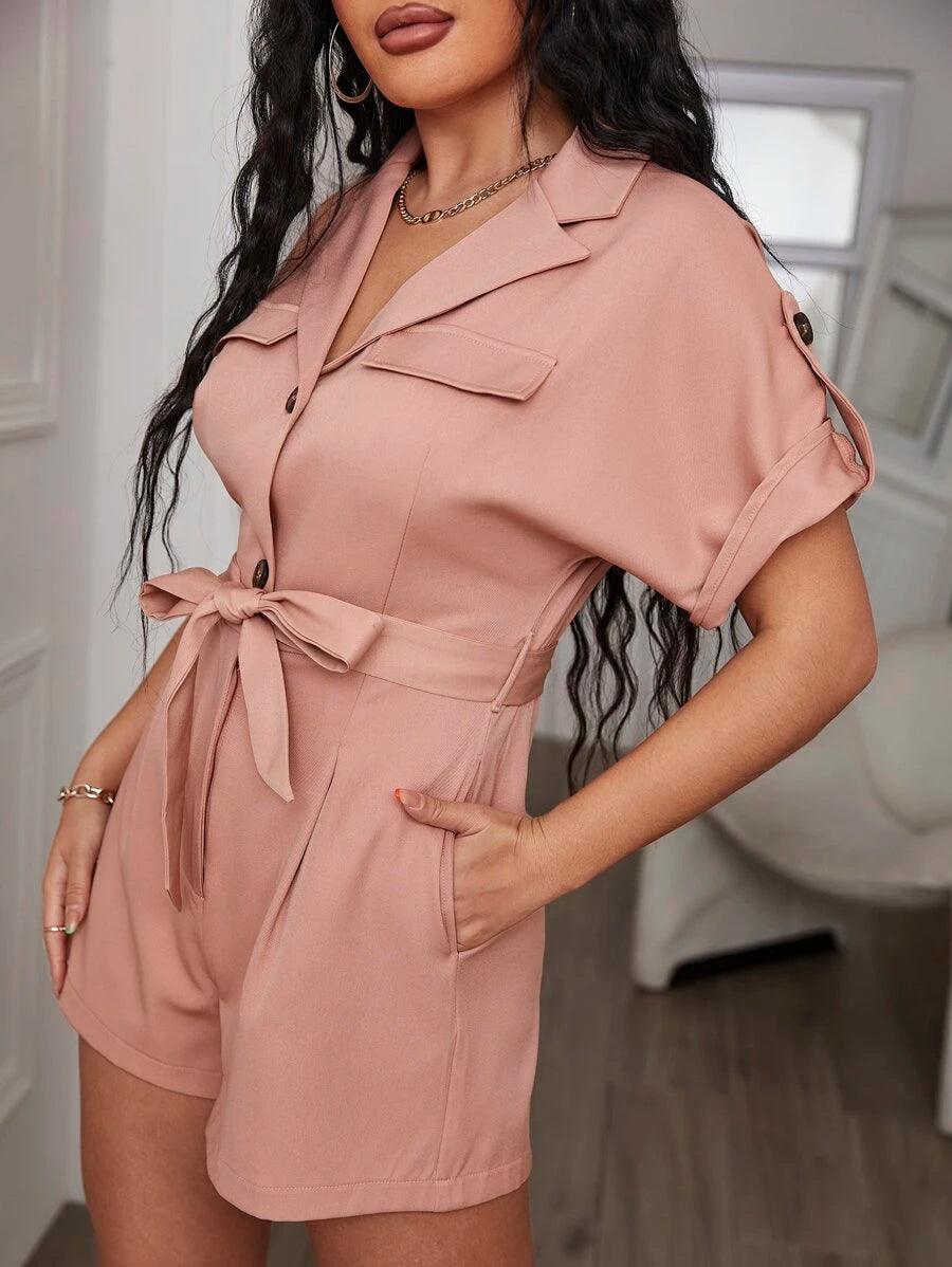 Batwing Sleeve Plain Belted Shirt Romper-Comfy Jumpsuits