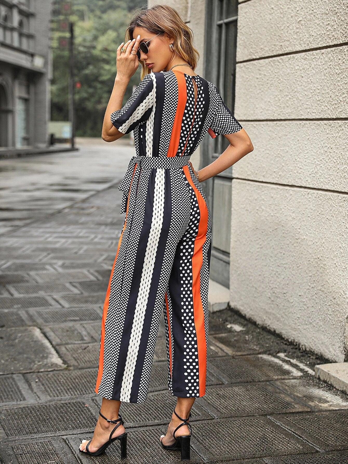 Polka Dot Print Belted Wide Leg Jumpsuit-Comfy Jumpsuits
