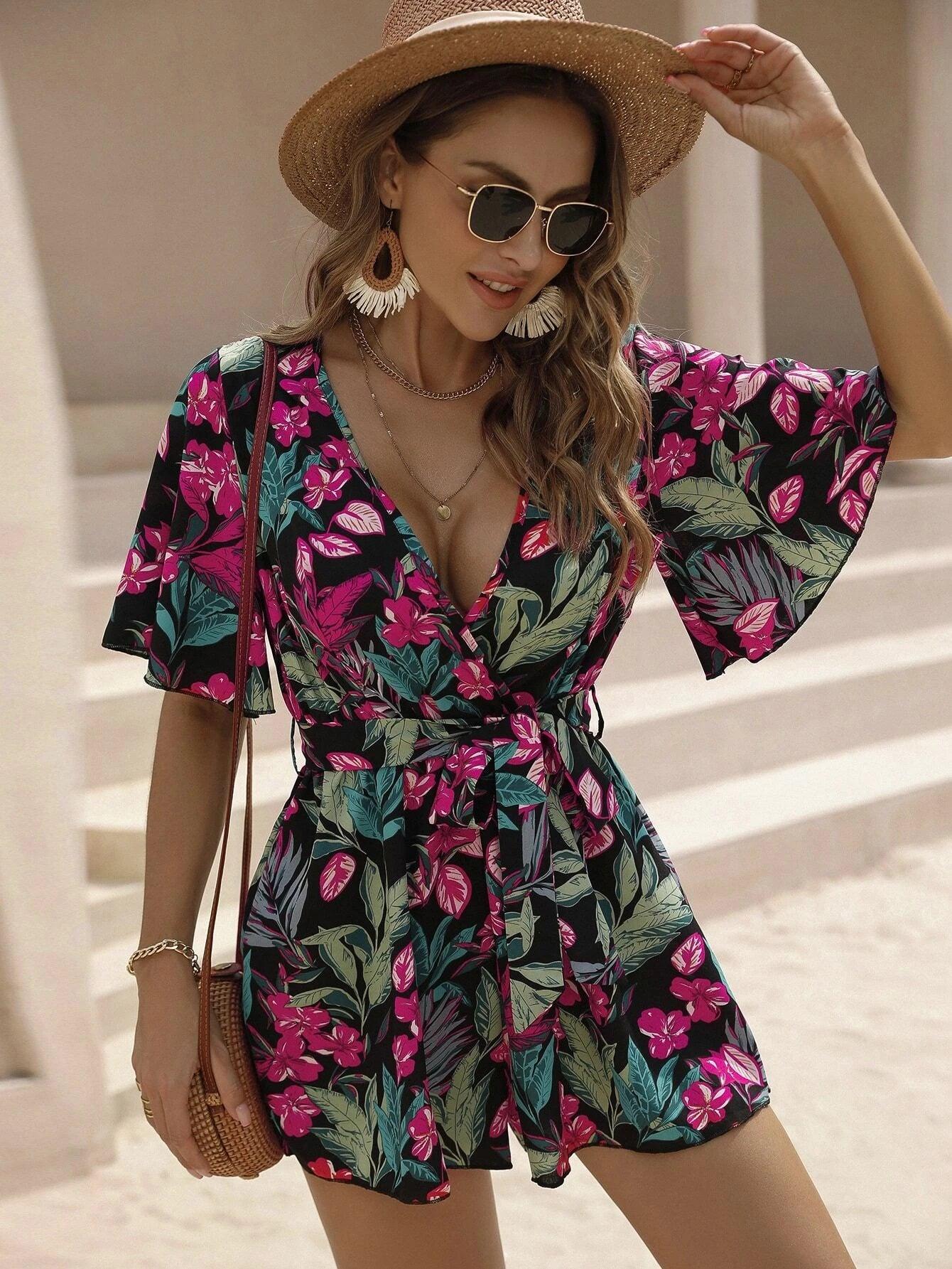 Floral Print Wrap Belted Jumpsuit-Comfy Jumpsuits