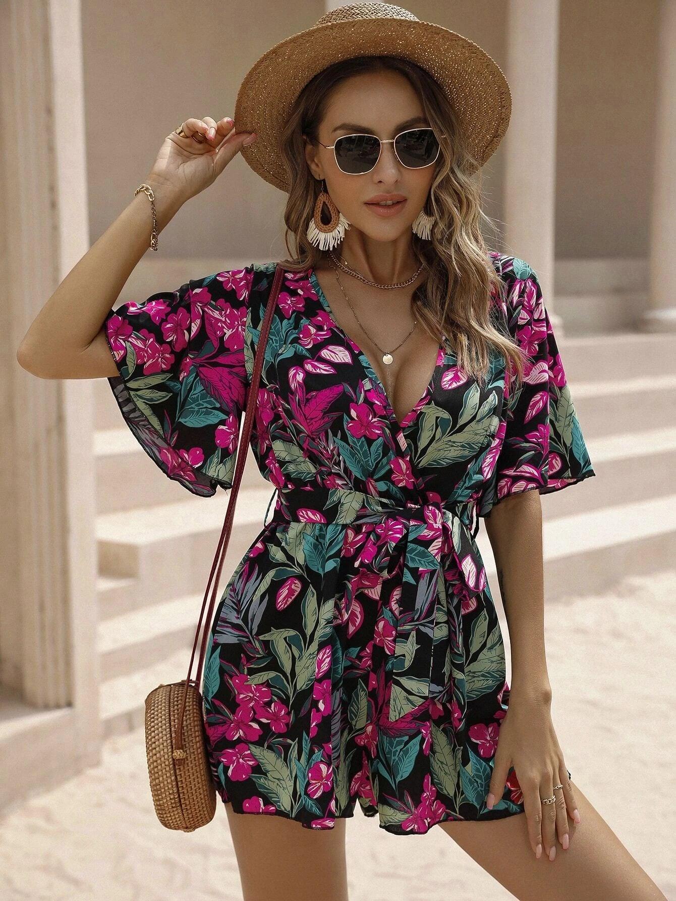 Floral Print Wrap Belted Jumpsuit-Comfy Jumpsuits