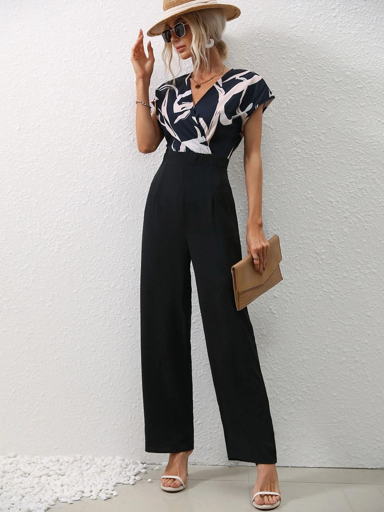 Graphic Print Overlap Collar Jumpsuit-Comfy Jumpsuits