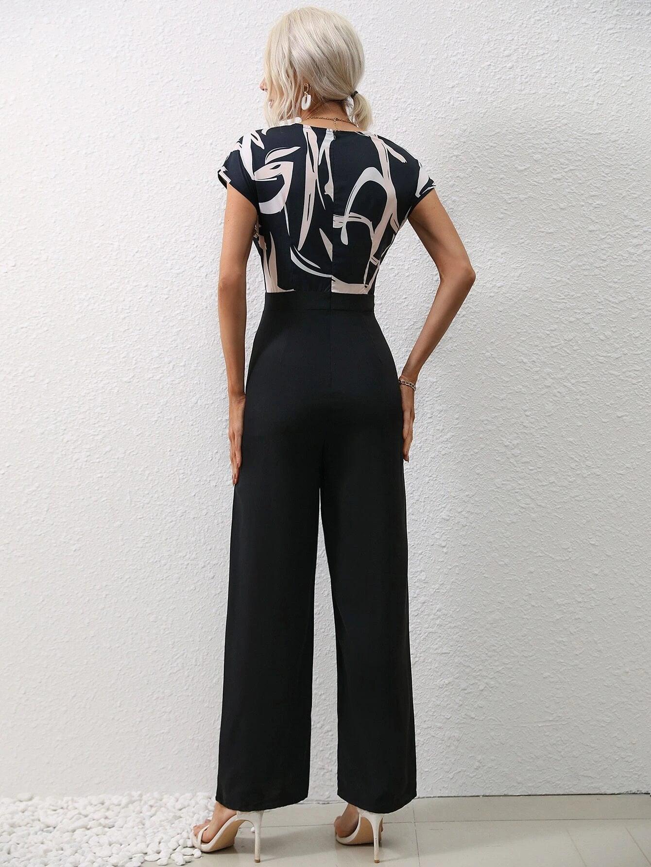 Graphic Print Overlap Collar Jumpsuit-Comfy Jumpsuits