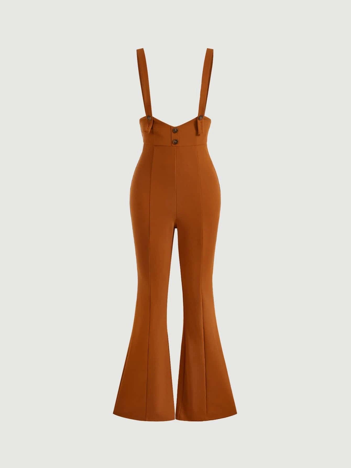 Button Front Flare Leg Overall Jumpsuit-Comfy Jumpsuits