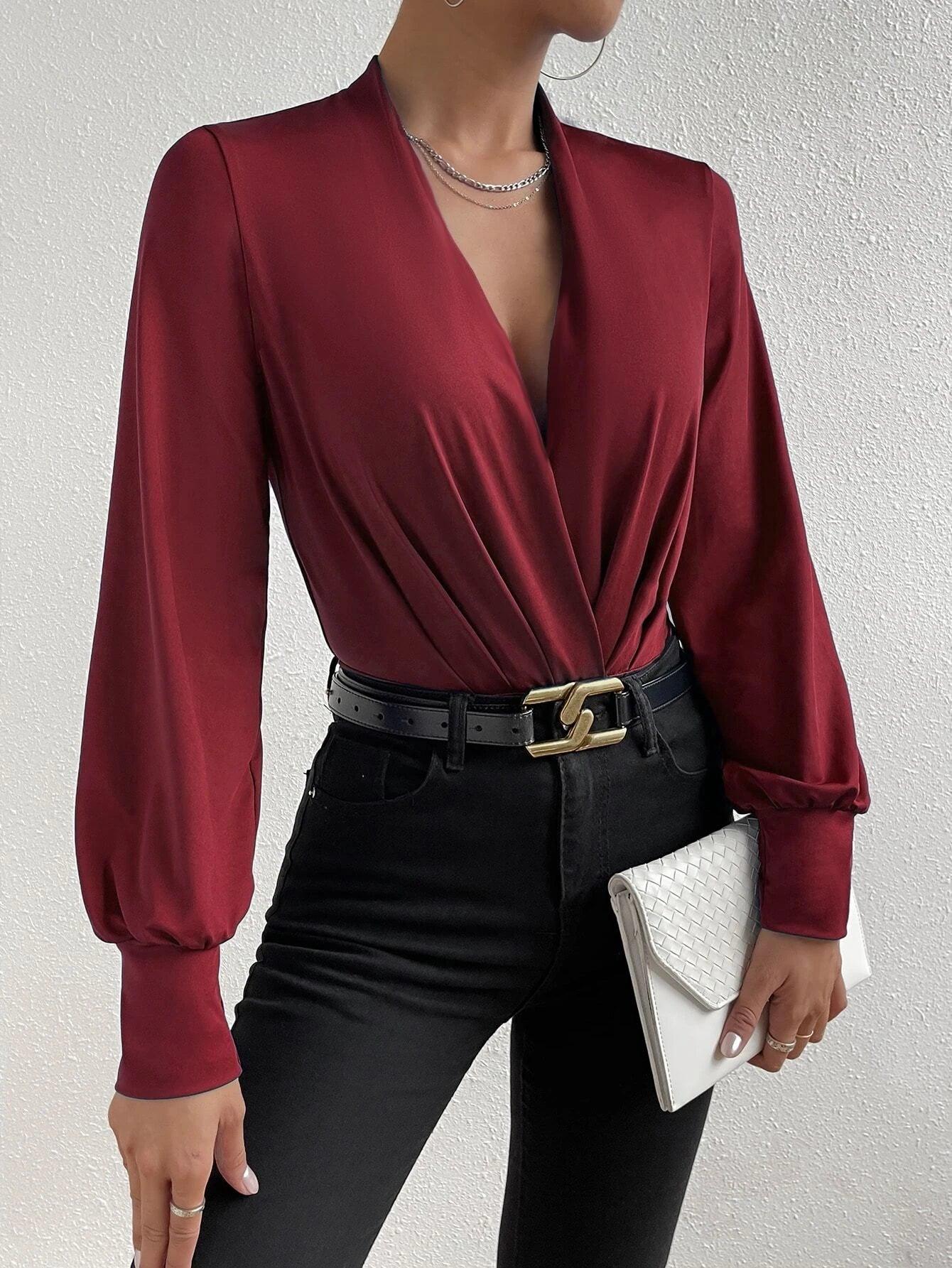 Surplice Neck Lantern Sleeve Bodysuit-Comfy Jumpsuits
