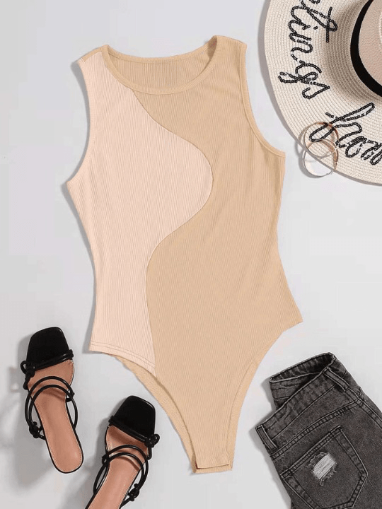 Two Tone Ribbed Knit Bodysuit-Comfy Jumpsuits