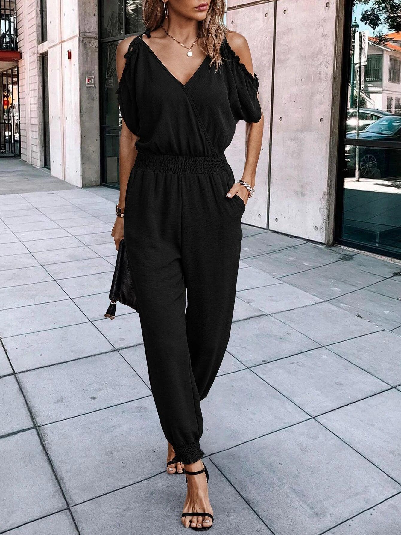 Short Sleeve With Slant Pockets Jumpsuit-Comfy Jumpsuits