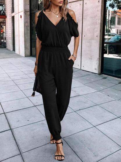 Short Sleeve With Slant Pockets Jumpsuit-Comfy Jumpsuits