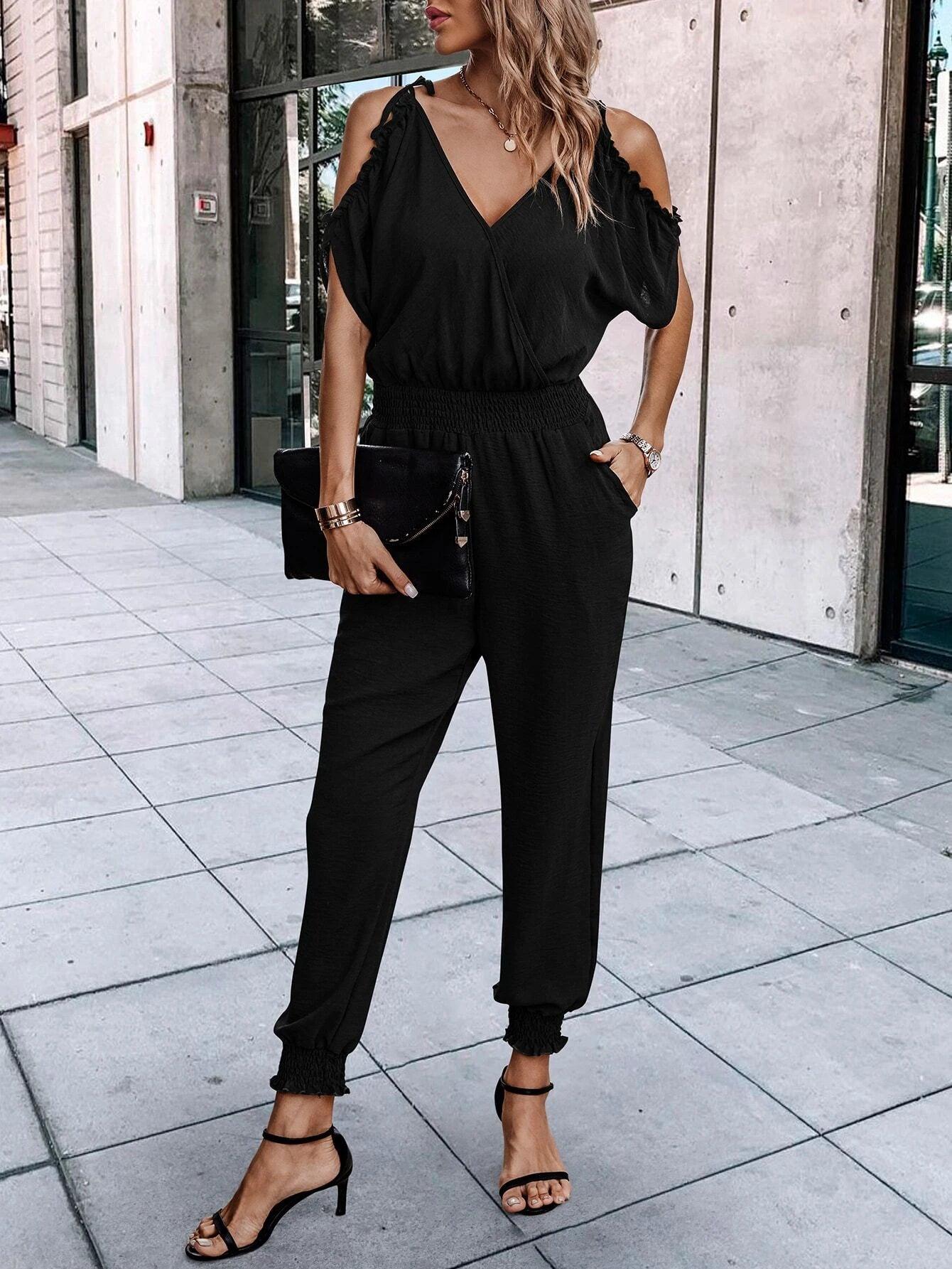 Short Sleeve With Slant Pockets Jumpsuit-Comfy Jumpsuits