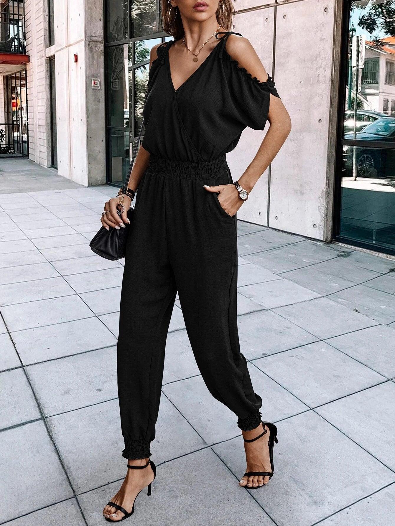 Short Sleeve With Slant Pockets Jumpsuit-Comfy Jumpsuits