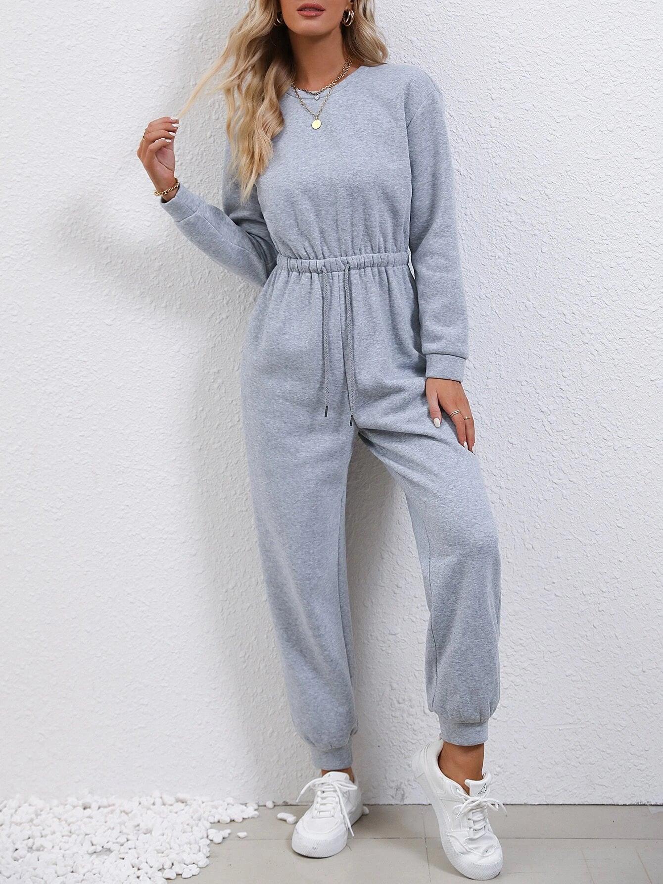 Drawstring Waist Sweatshirt Jumpsuit-Comfy Jumpsuits