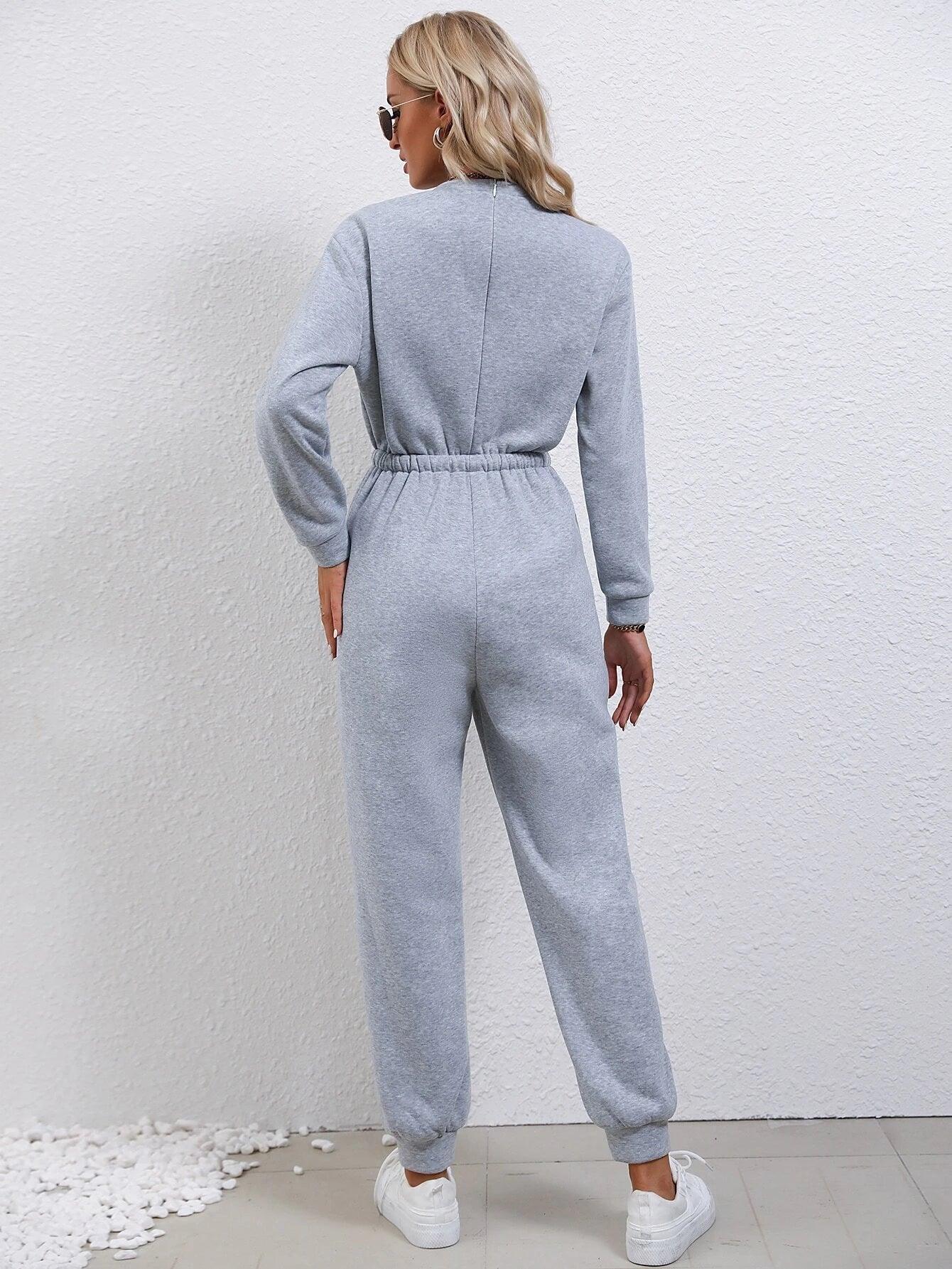Drawstring Waist Sweatshirt Jumpsuit-Comfy Jumpsuits
