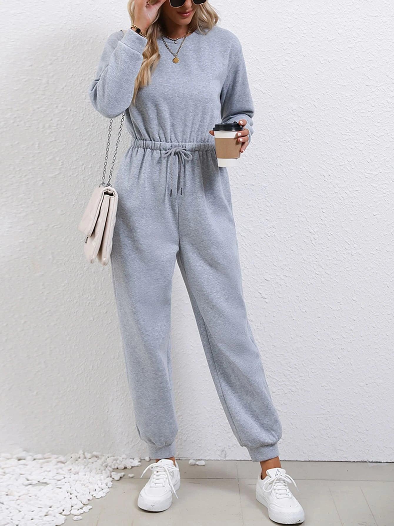Drawstring Waist Sweatshirt Jumpsuit-Comfy Jumpsuits