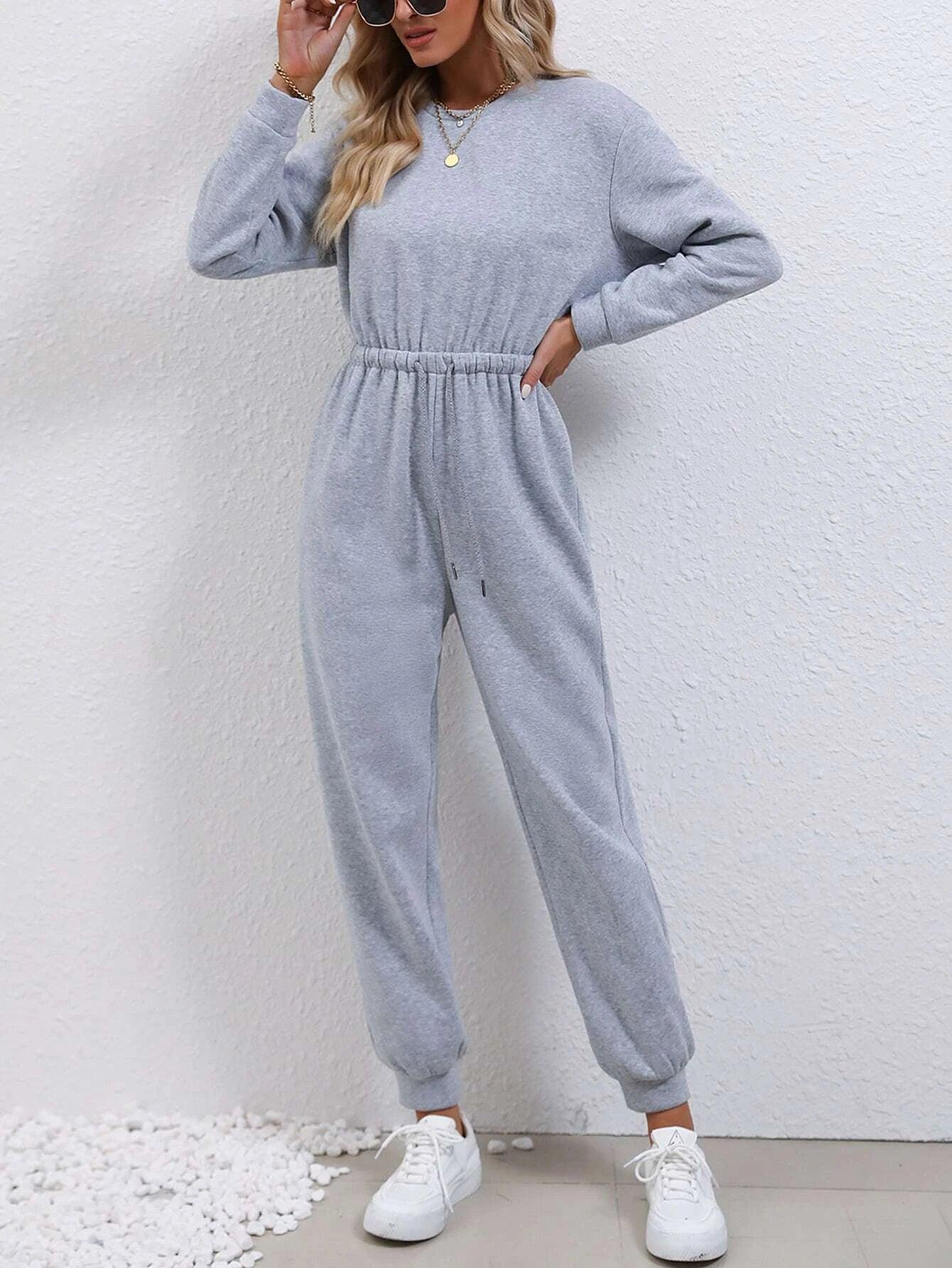 Drawstring Waist Sweatshirt Jumpsuit-Comfy Jumpsuits