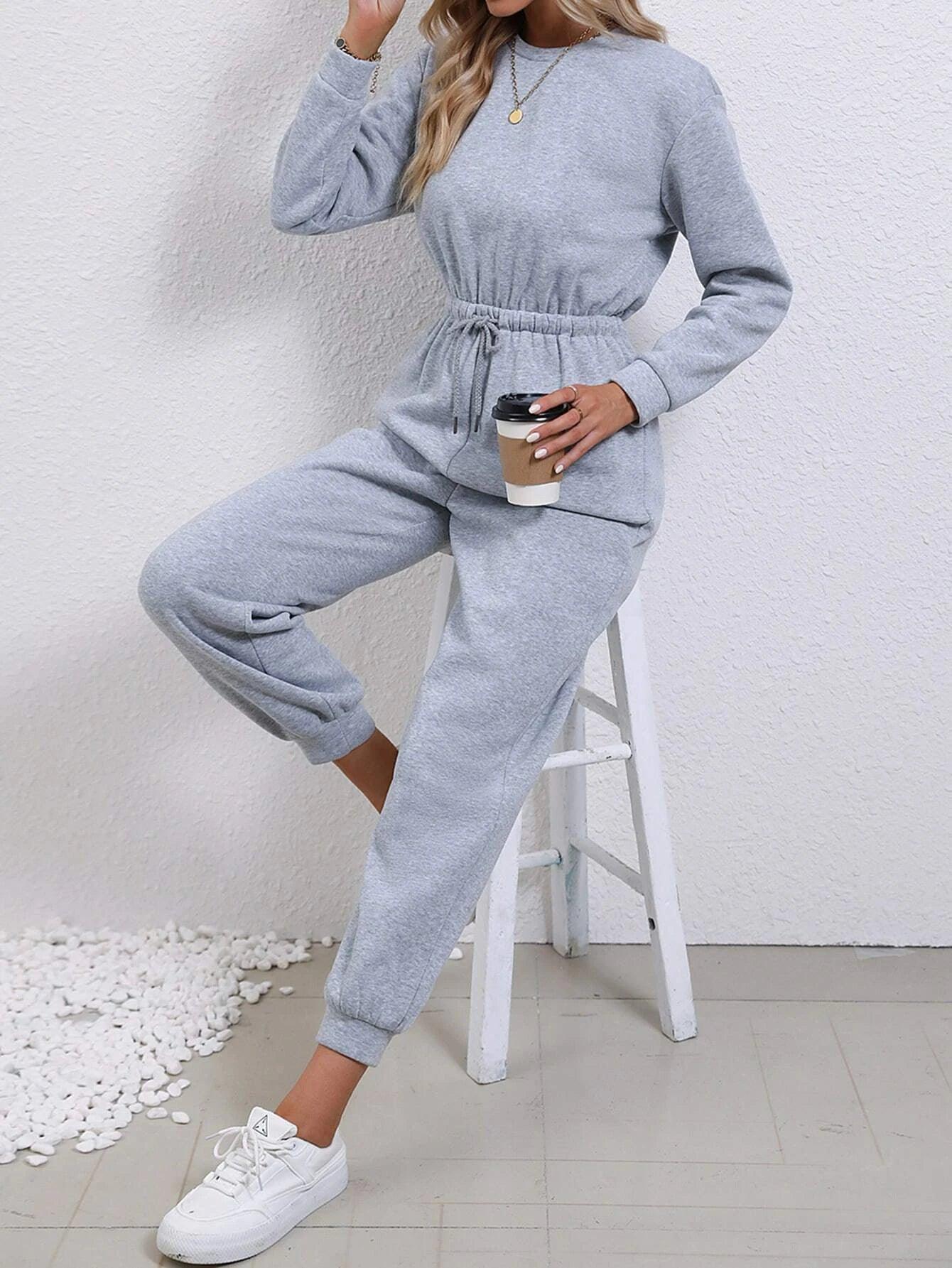 Drawstring Waist Sweatshirt Jumpsuit-Comfy Jumpsuits