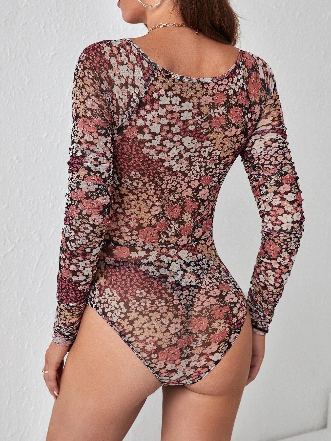 Floral Print Square Neck Mesh Bodysuit-Comfy Jumpsuits
