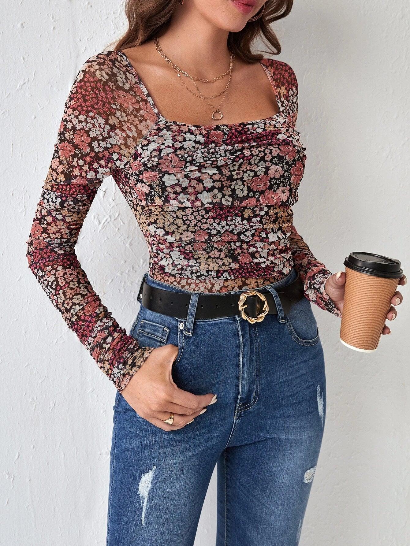 Floral Print Square Neck Mesh Bodysuit-Comfy Jumpsuits