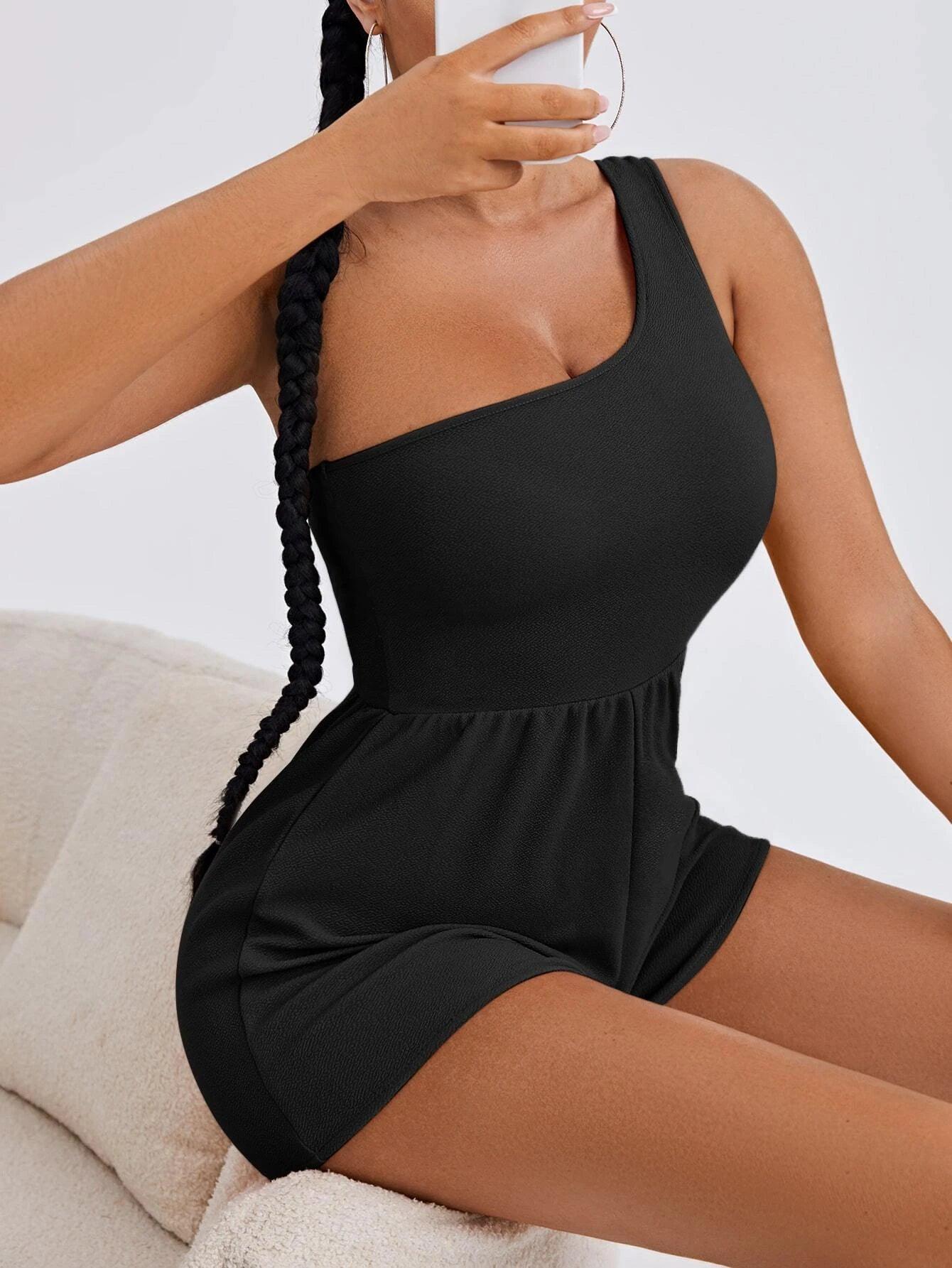 Solid One Shoulder Romper-Comfy Jumpsuits