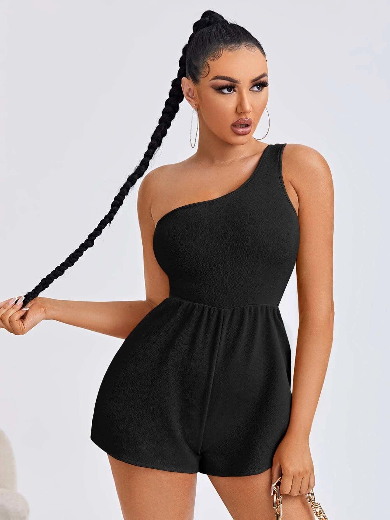 Solid One Shoulder Romper-Comfy Jumpsuits
