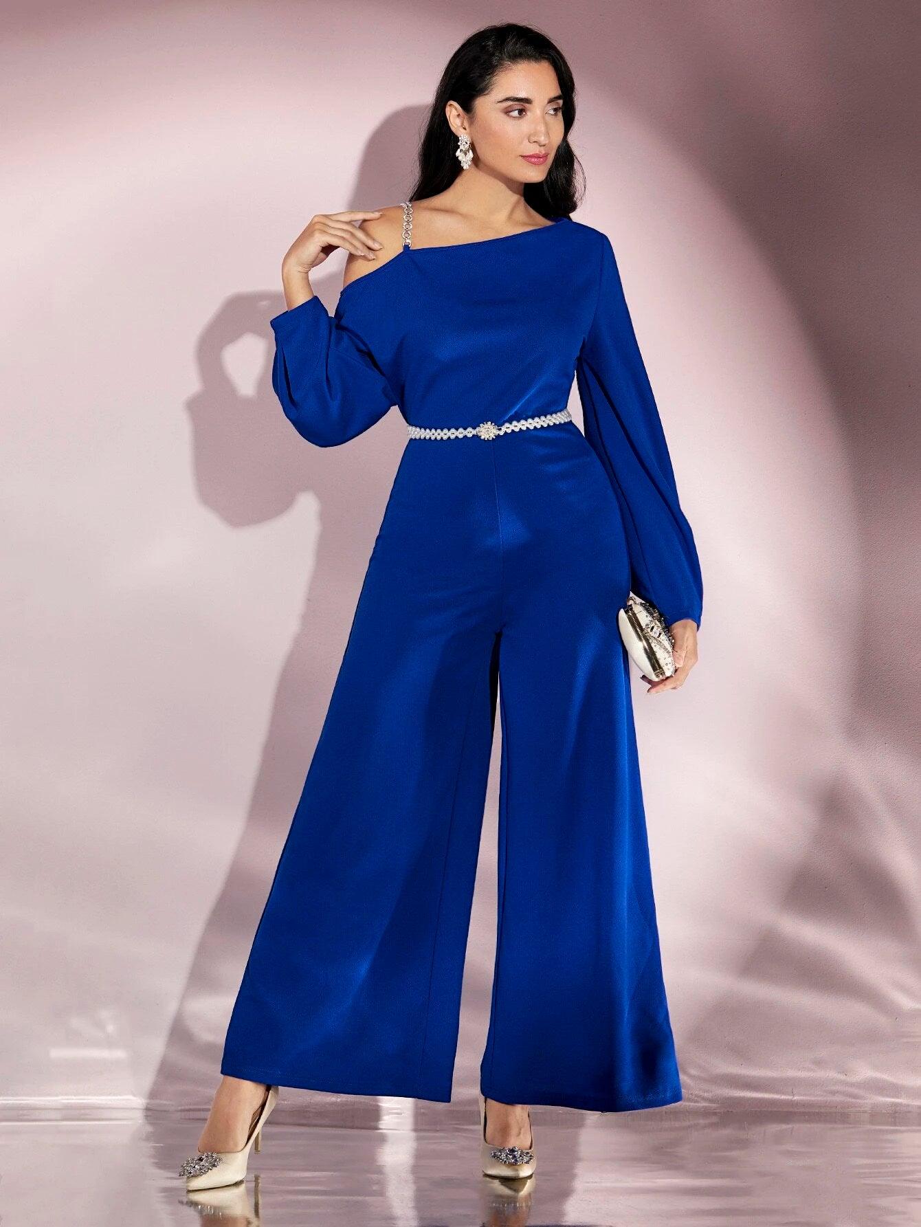 Asymmetrical Neck Lantern Sleeve Jumpsuit-Comfy Jumpsuits