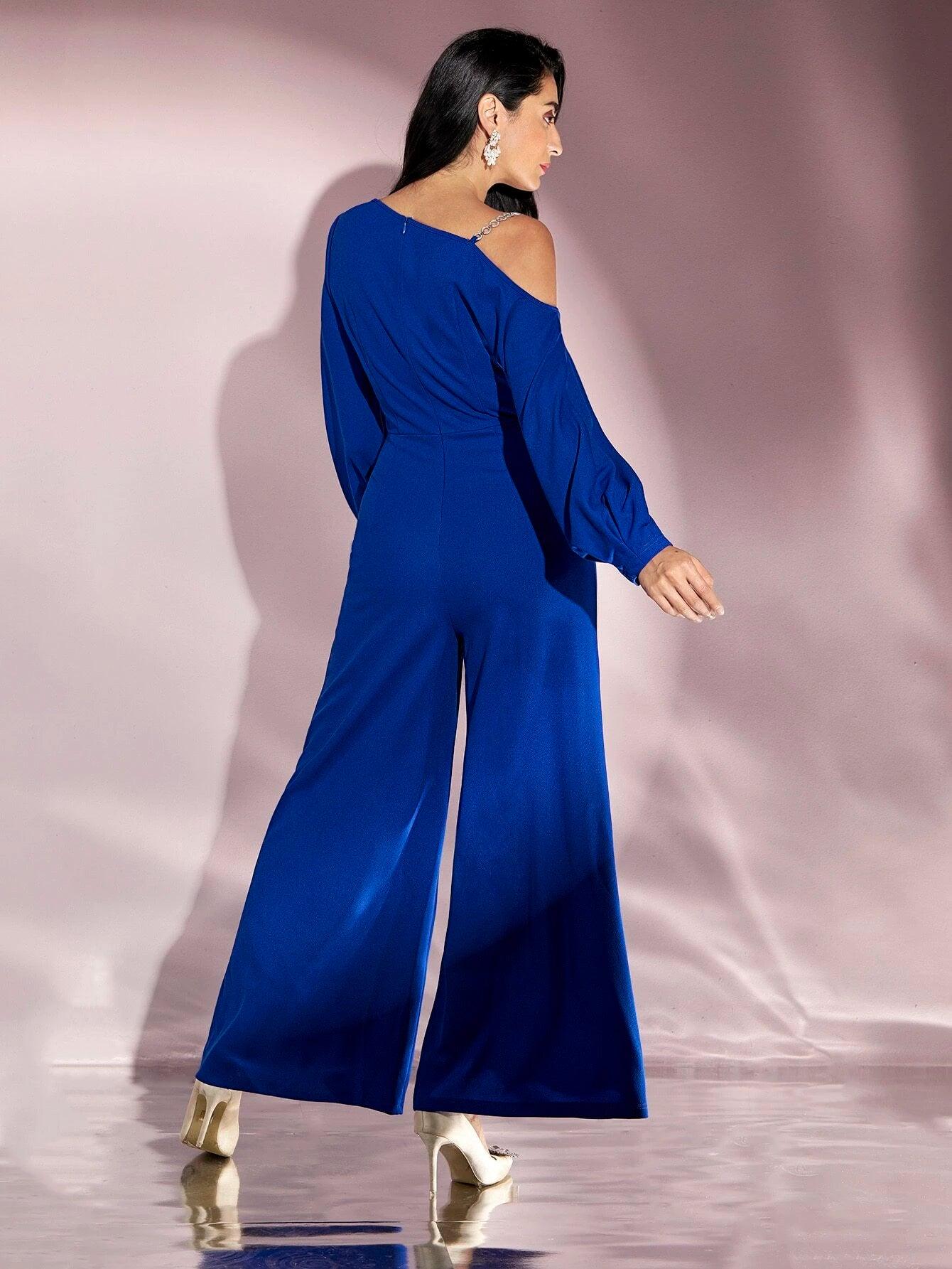 Asymmetrical Neck Lantern Sleeve Jumpsuit-Comfy Jumpsuits