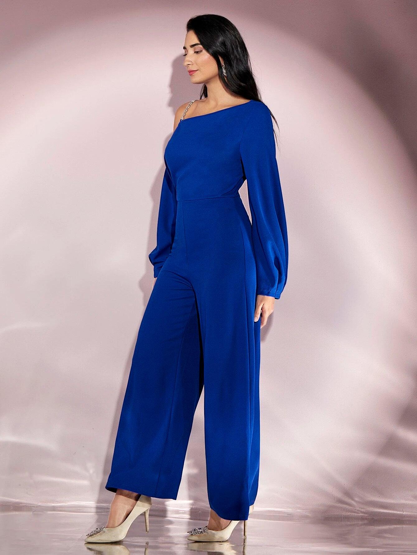 Asymmetrical Neck Lantern Sleeve Jumpsuit-Comfy Jumpsuits
