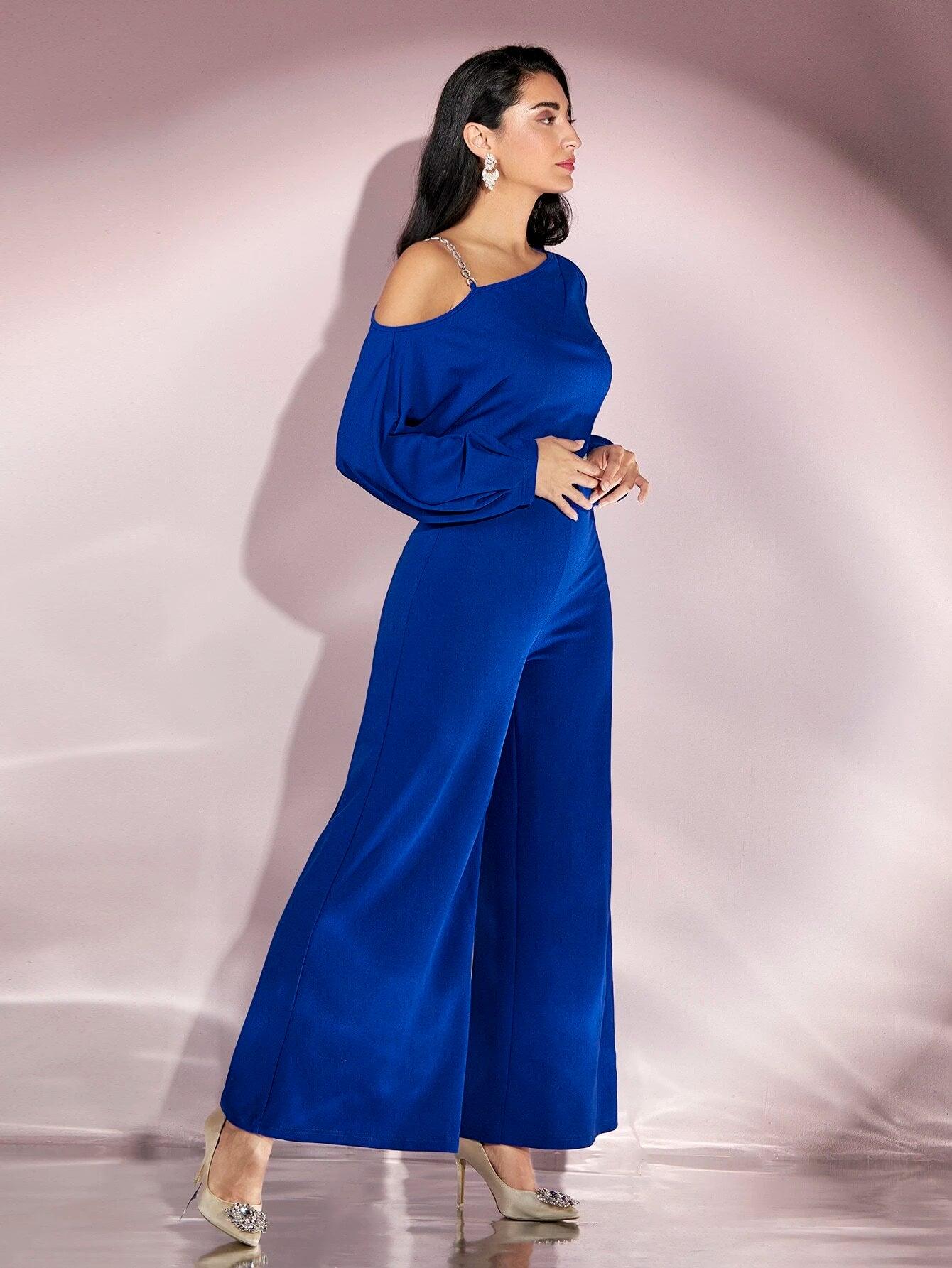 Asymmetrical Neck Lantern Sleeve Jumpsuit-Comfy Jumpsuits