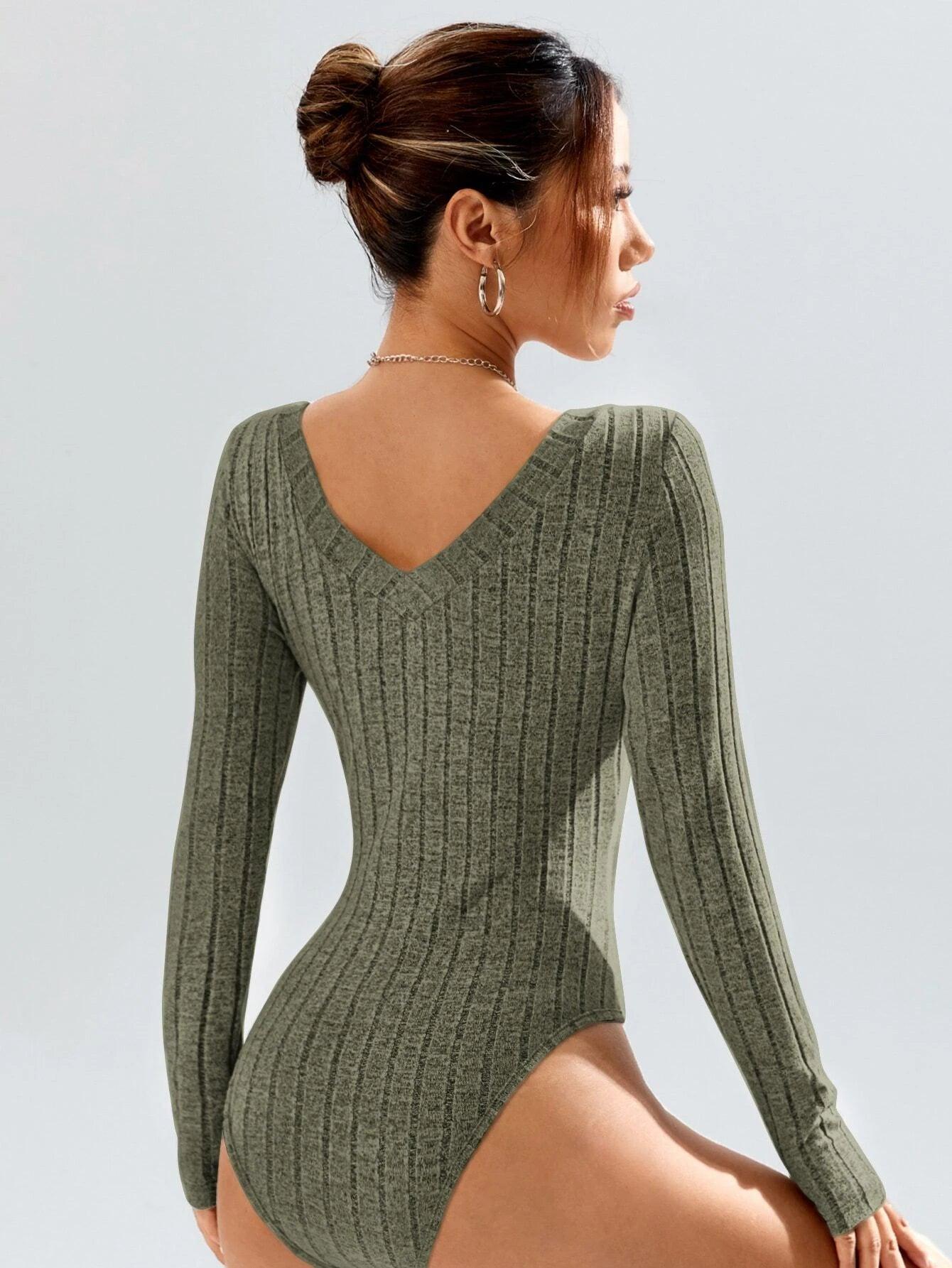 Plunging Neck Tee Bodysuit-Comfy Jumpsuits