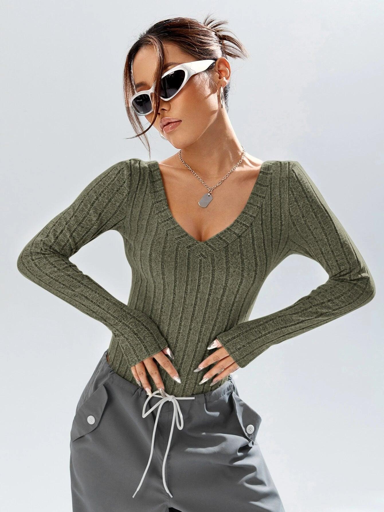 Plunging Neck Tee Bodysuit-Comfy Jumpsuits