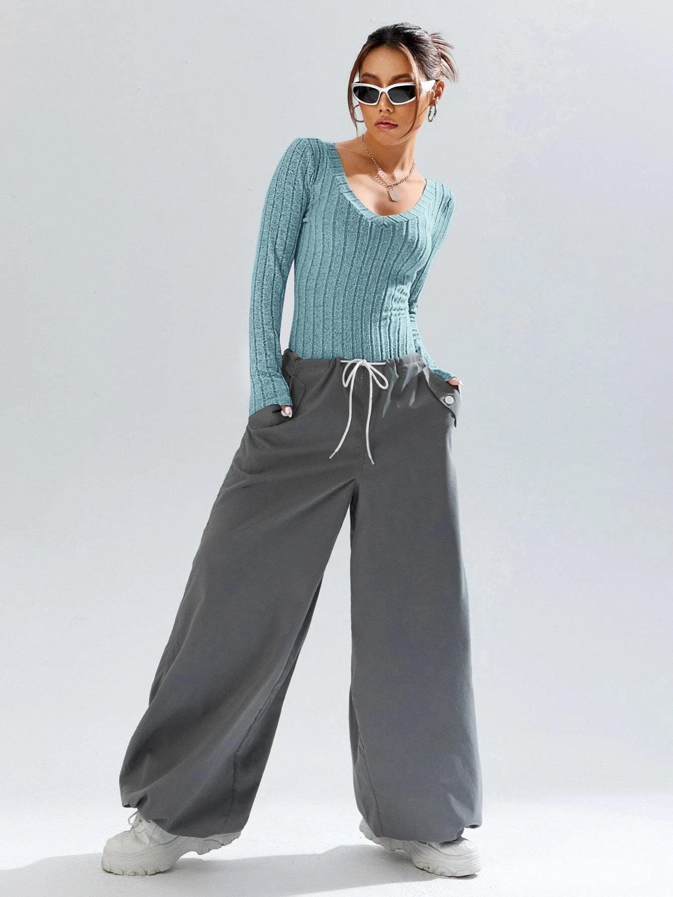 Plunging Neck Tee Bodysuit-Comfy Jumpsuits