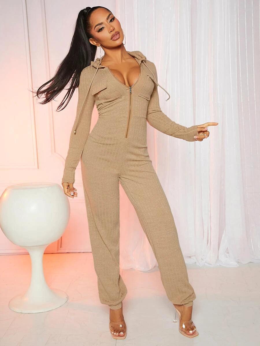Flap Pocket Zipper Front Hooded Jumpsuit-Comfy Jumpsuits
