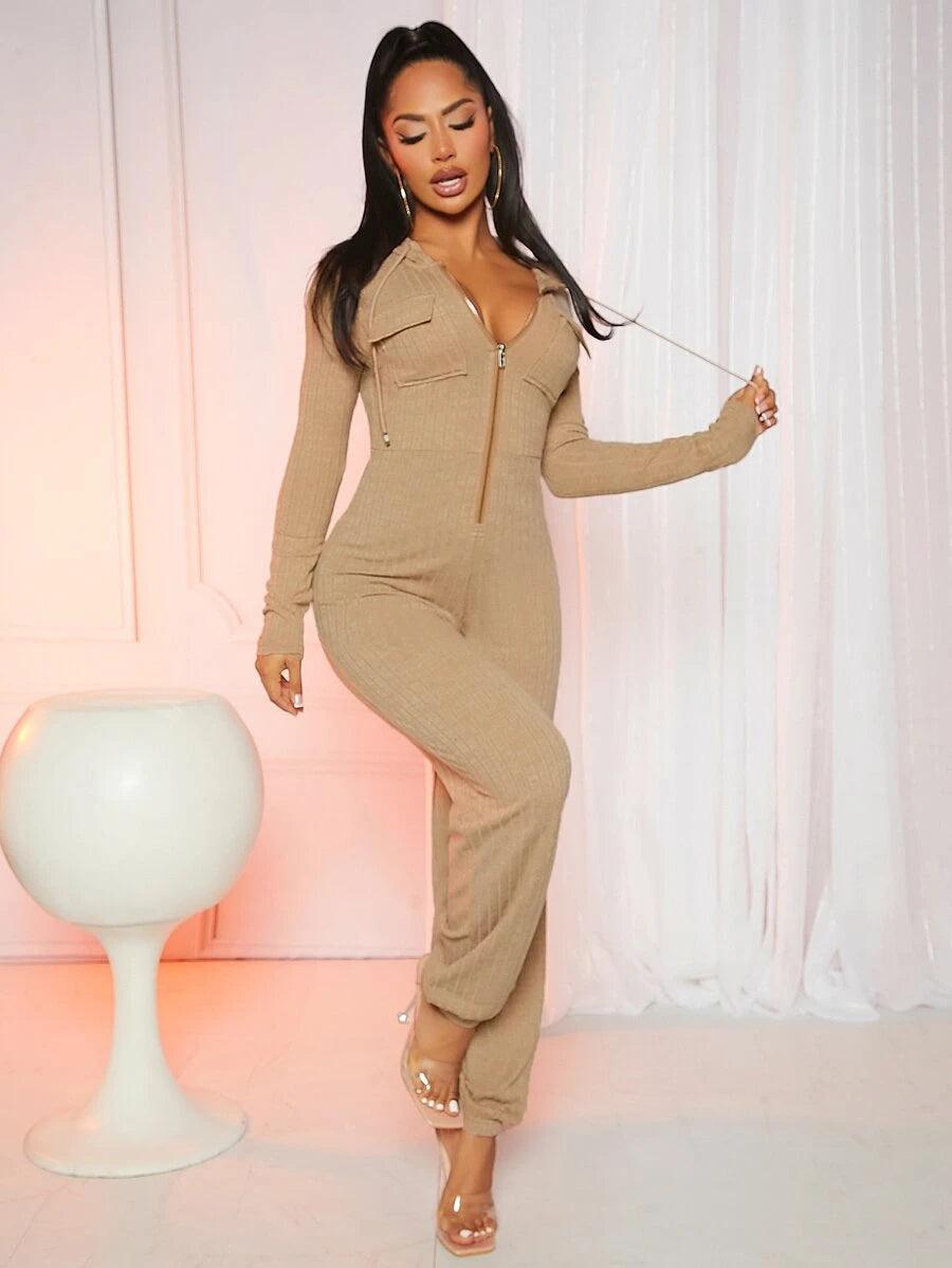 Flap Pocket Zipper Front Hooded Jumpsuit-Comfy Jumpsuits