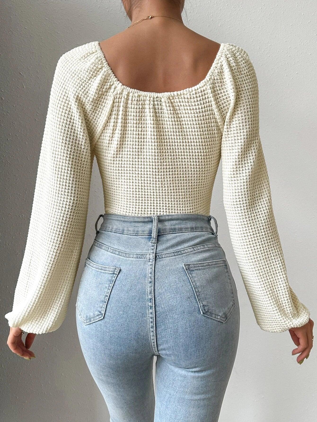 Slim Fit Bishop Sleeve Bodysuit-Comfy Jumpsuits