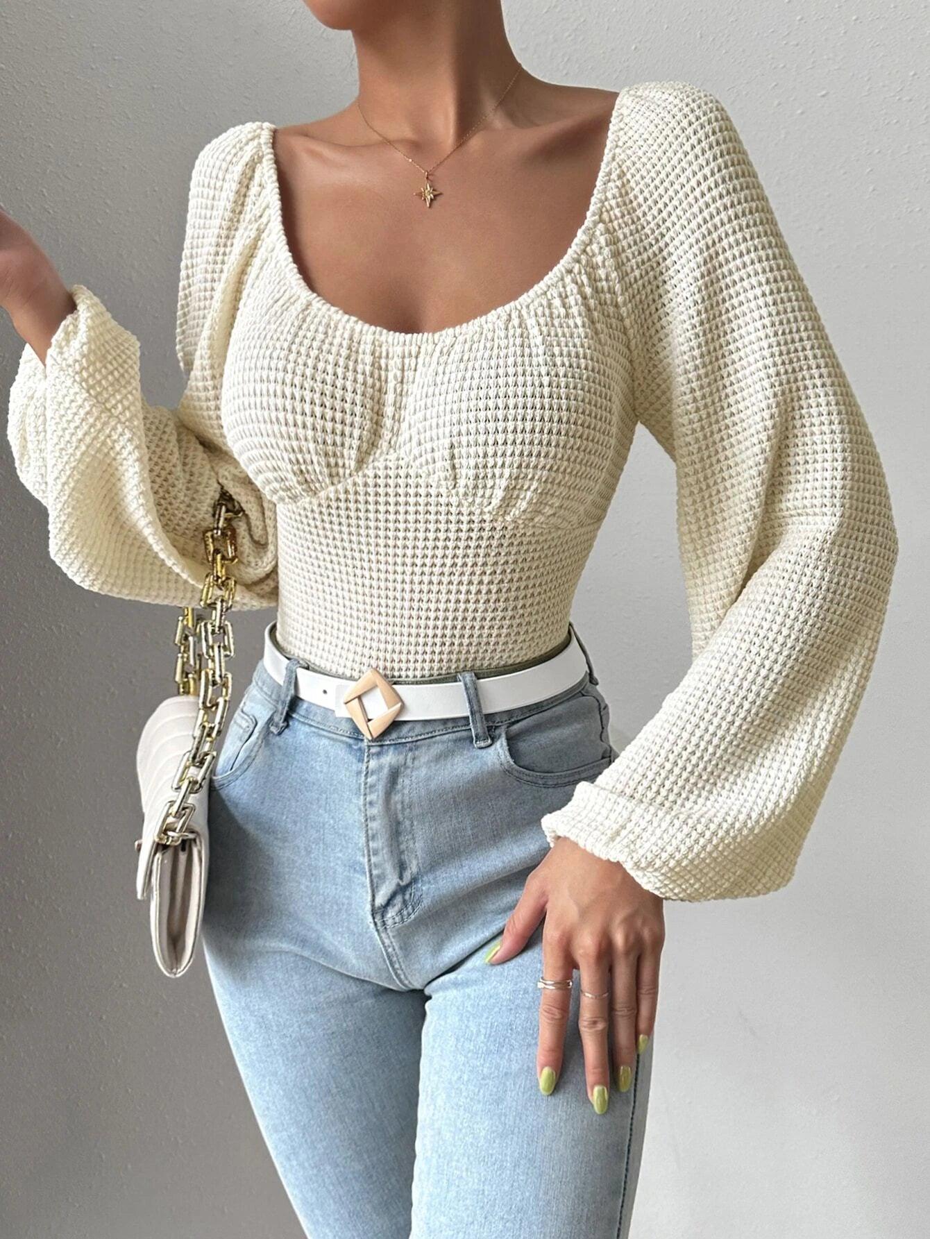 Scoop Neck Bishop Sleeve Bodysuit-Comfy Jumpsuits