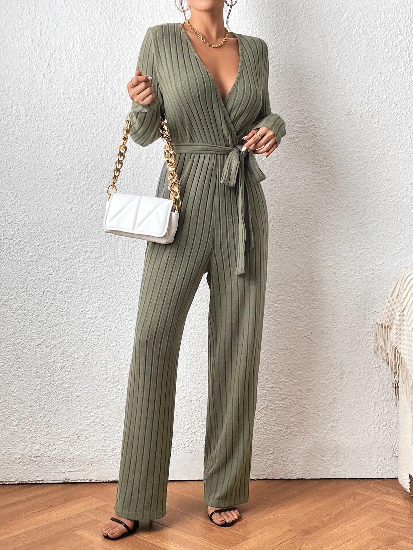 Surplice Neck Belted Ribbed Knit Jumpsuit-Comfy Jumpsuits