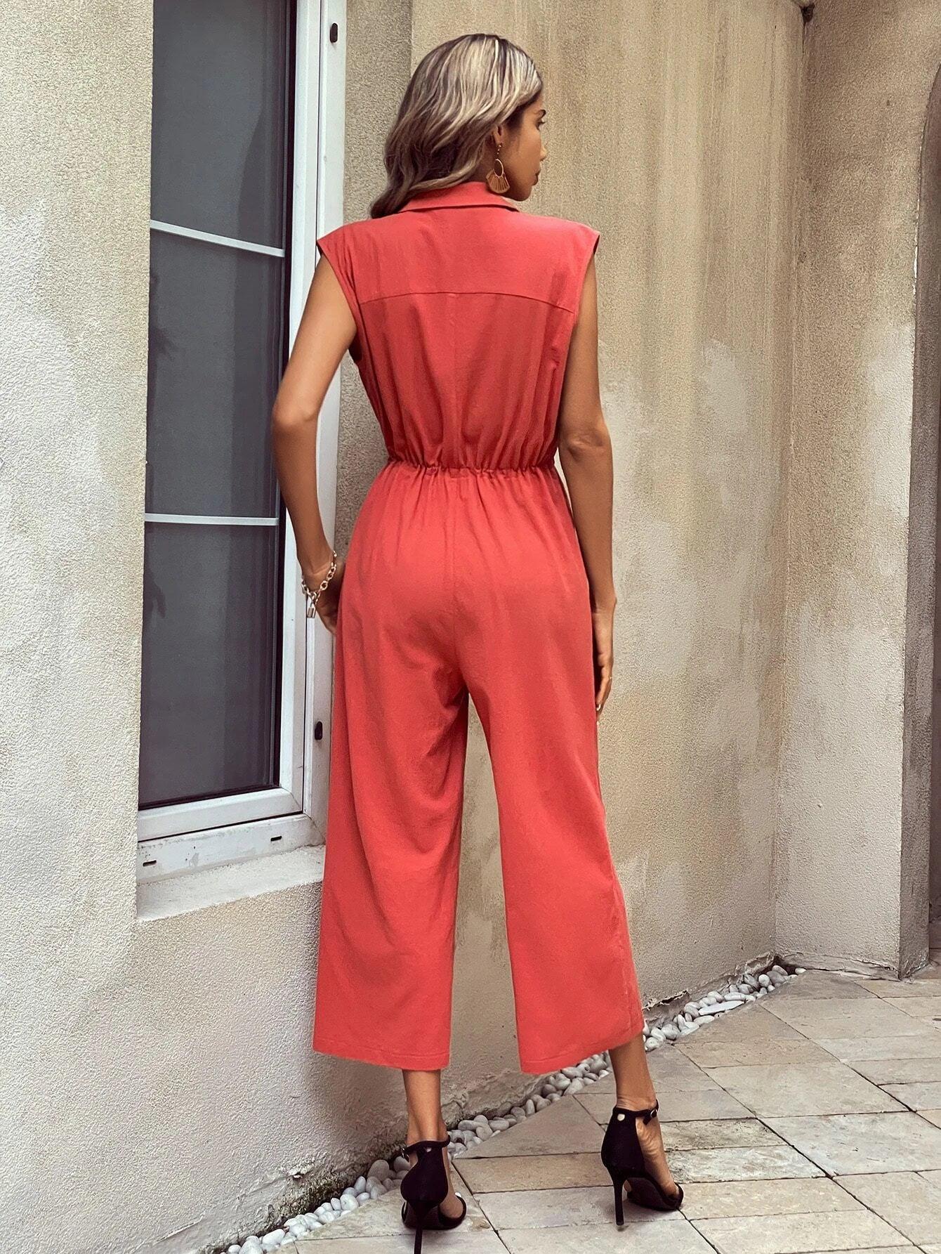 Waist Button Front Shirt Jumpsuit-Comfy Jumpsuits